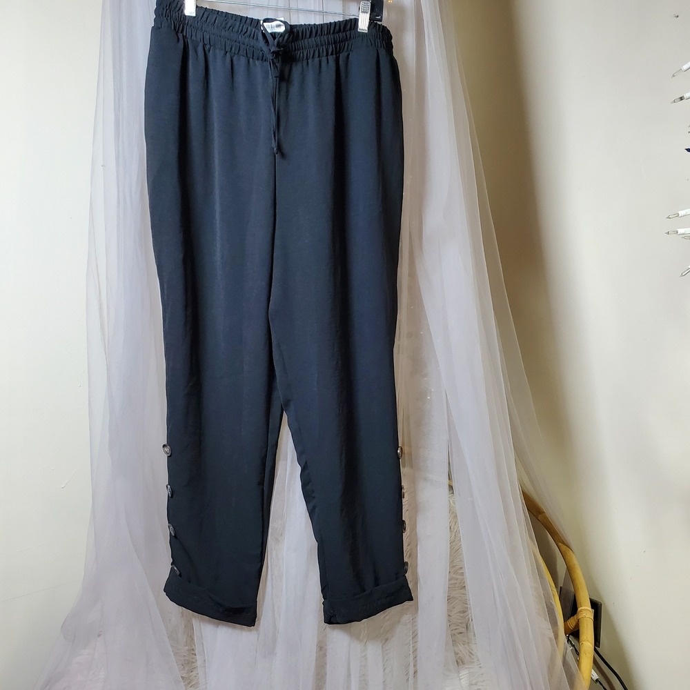 NY Collection Black Baggy‎ Pants Business Casual Going Out 1X Button Accents
